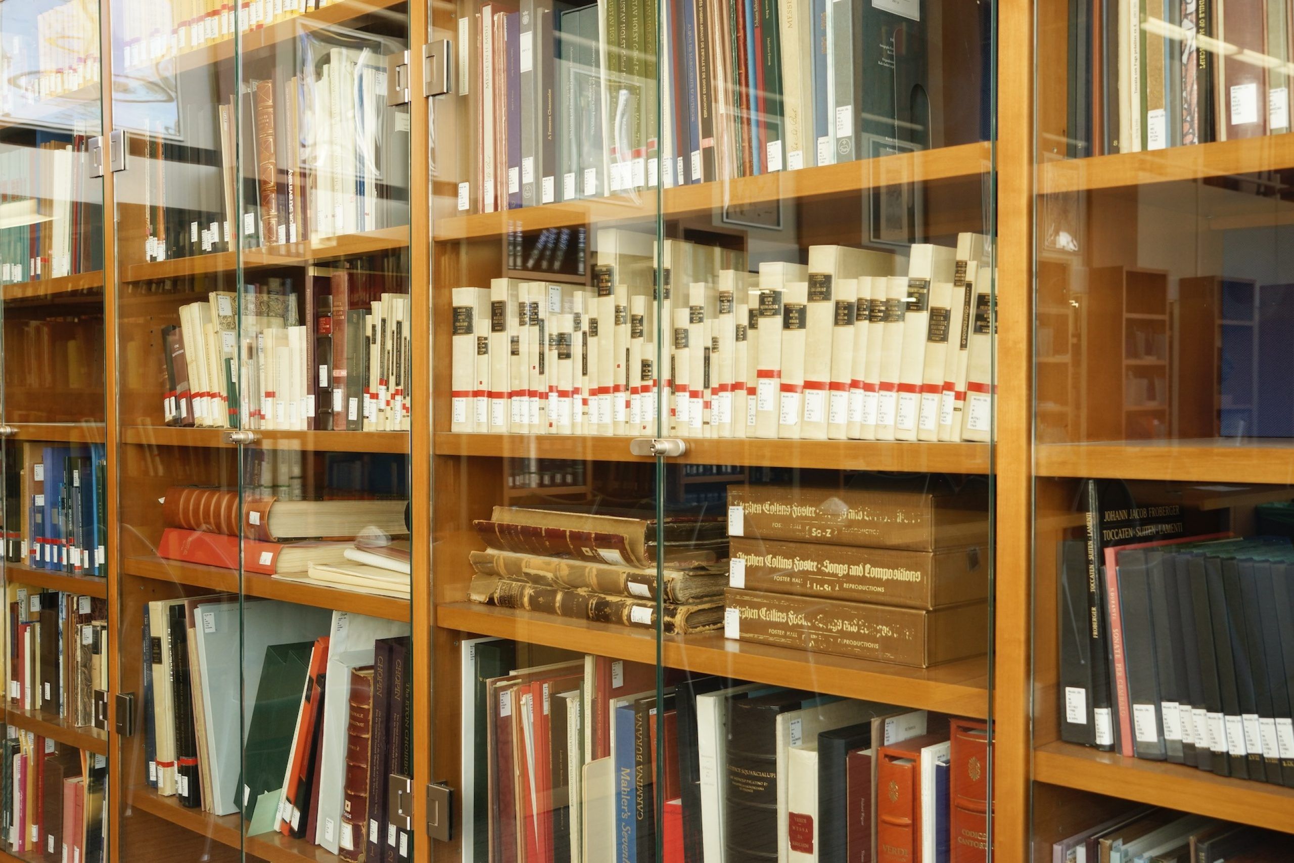 Interior of a music library with shelves of recordings and research materials